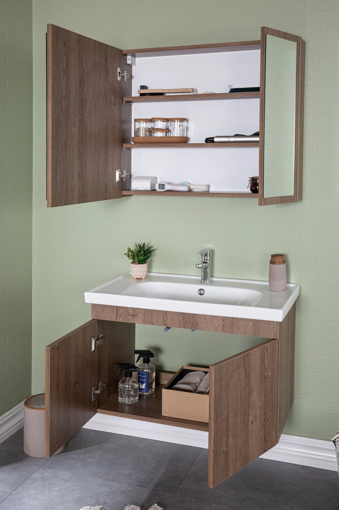 Jussara 3-delige Badkamermeubelset | MDF Met Melaminecoating | Keramische Wastafel | Wandbevestiging | Bruin 6 Jussara 3-delige Badkamermeubelset | MDF Met Melaminecoating | Keramische Wastafel | Wandbevestiging | Bruin - Afbeelding 6