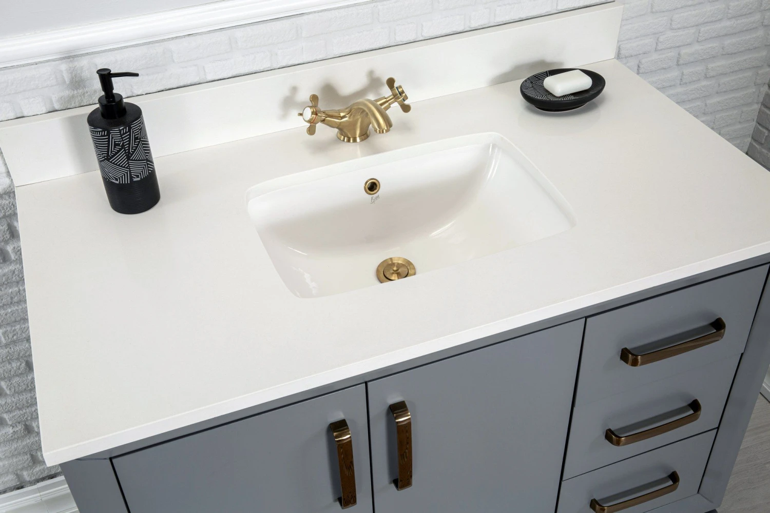 Jussara Badkamermeubelset | 2-delig | 100% Massief Hout | Kwartsblad Wit | Donkergrijs 5 Jussara Badkamermeubelset | 2-delig | 100% Massief Hout | Kwartsblad Wit | Donkergrijs - Afbeelding 5