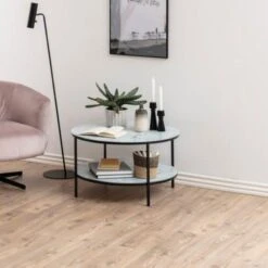 Salontafel Alisma ø80cm, 1 Legplank - Wit Marmer/ Zwart