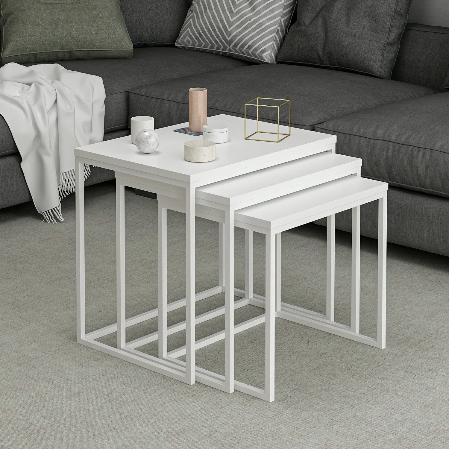 Woody Fashion Nesting Table Set - 3-Delig | Melamine Gecoat | Metalen Frame | Wit 1 Woody Fashion Nesting Table Set - 3-Delig | Melamine Gecoat | Metalen Frame | Wit