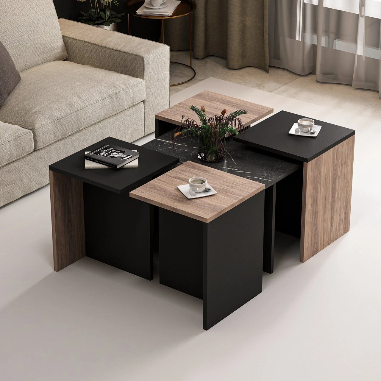 WoodyFashion Nesting Table Set | 5Pcs | Melamine Gecoat |18mm | 60x42x60cm | 35x47x35cm | Eiken Zwart 8 WoodyFashion Nesting Table Set | 5Pcs | Melamine Gecoat |18mm | 60x42x60cm | 35x47x35cm | Eiken Zwart - Afbeelding 8