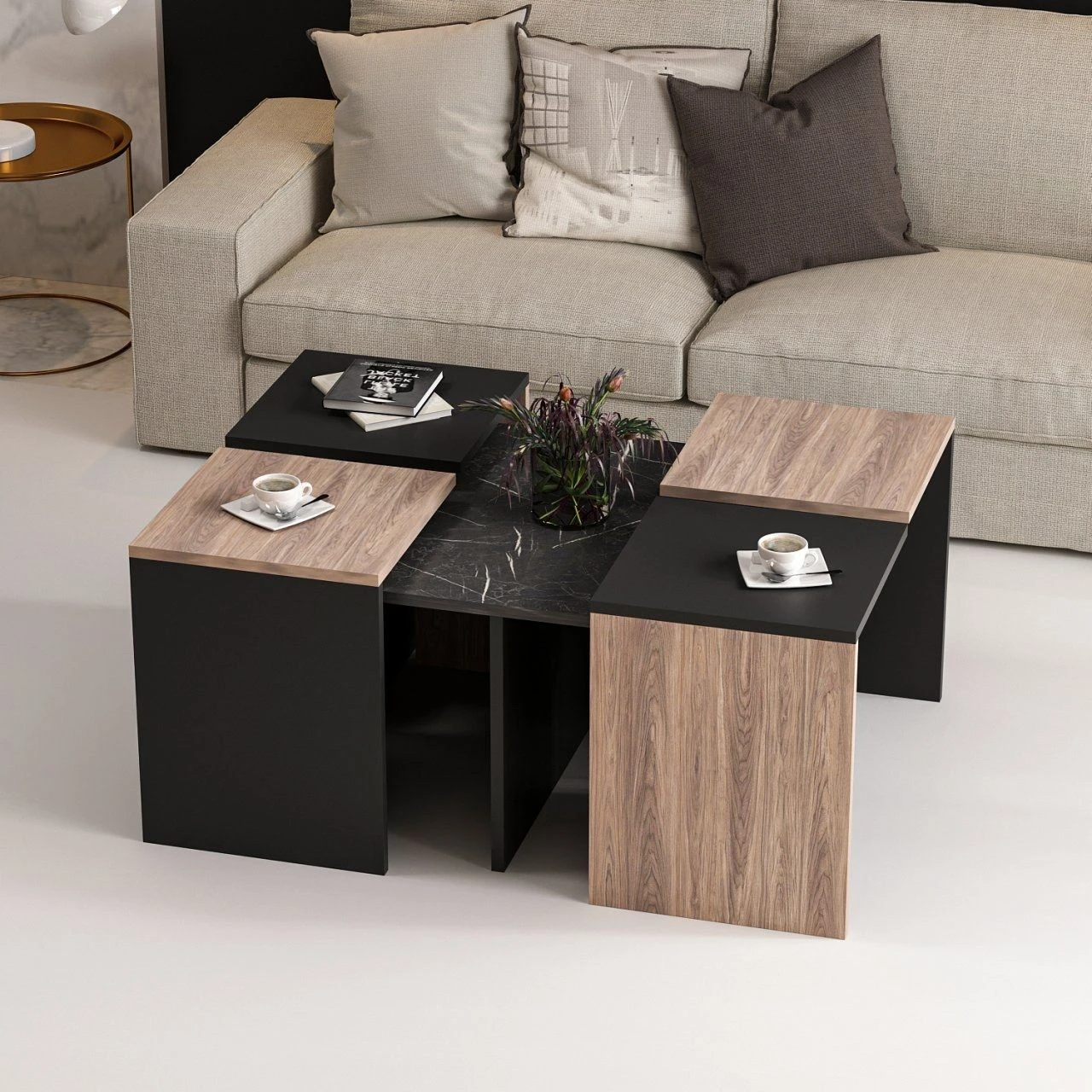 WoodyFashion Nesting Table Set | 5Pcs | Melamine Gecoat |18mm | 60x42x60cm | 35x47x35cm | Eiken Zwart 7 WoodyFashion Nesting Table Set | 5Pcs | Melamine Gecoat |18mm | 60x42x60cm | 35x47x35cm | Eiken Zwart - Afbeelding 7