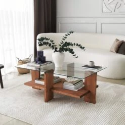 Locelso Salontafel | Massief Houten Frame | Gehard Glas | 105x40x60cm | Houten