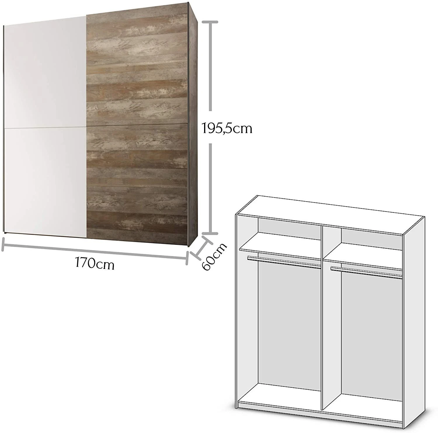 Kledingkast Petrus 170cm Met 2 Schuifdeuren - Wit/drijfhout 5 Kledingkast Petrus 170cm Met 2 Schuifdeuren - Wit/drijfhout - Afbeelding 5