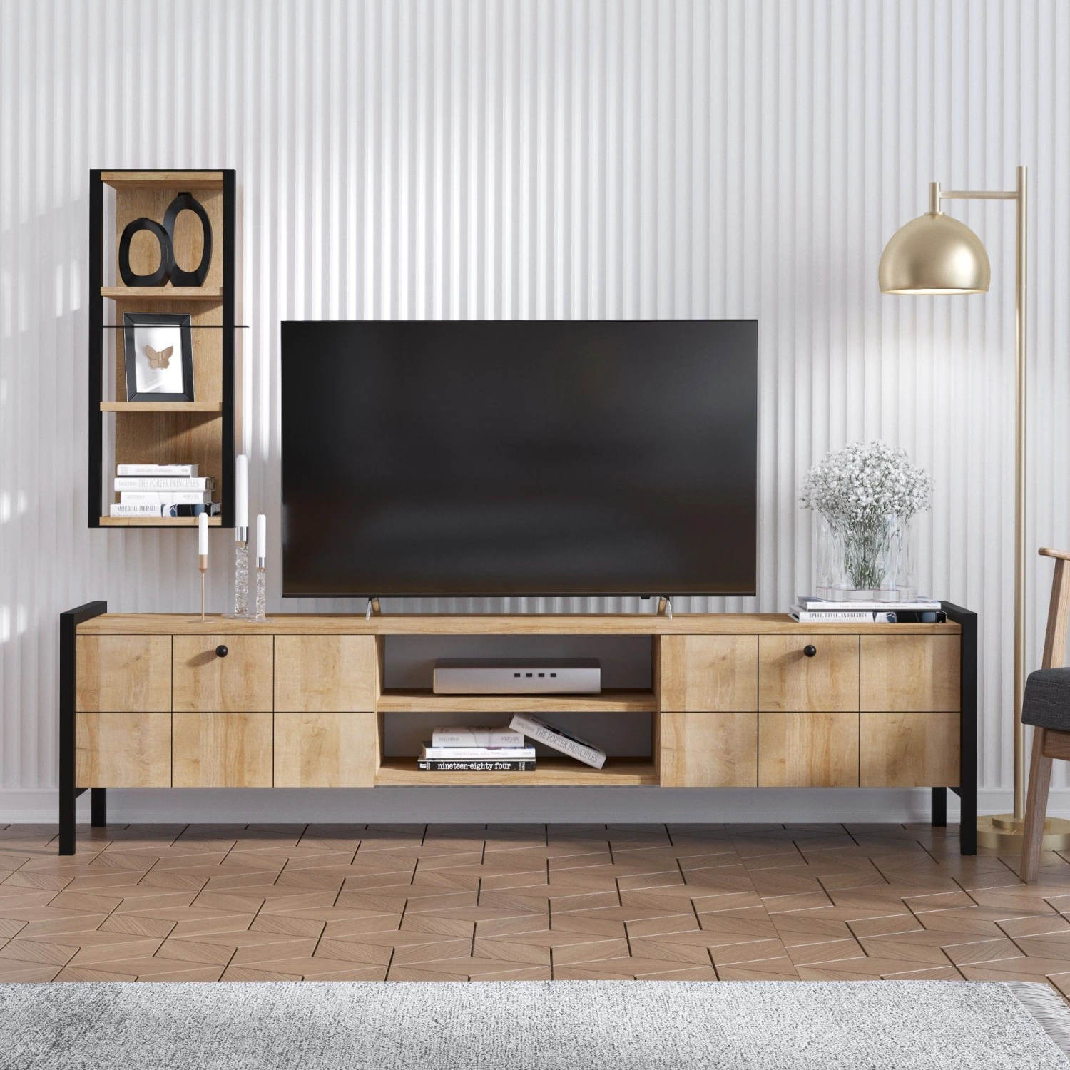 Modern TV-meubel | 100% Melamine Coating | Eiken Zwart | Aan De Muur Te Bevestigen 1 Modern TV-meubel | 100% Melamine Coating | Eiken Zwart | Aan De Muur Te Bevestigen