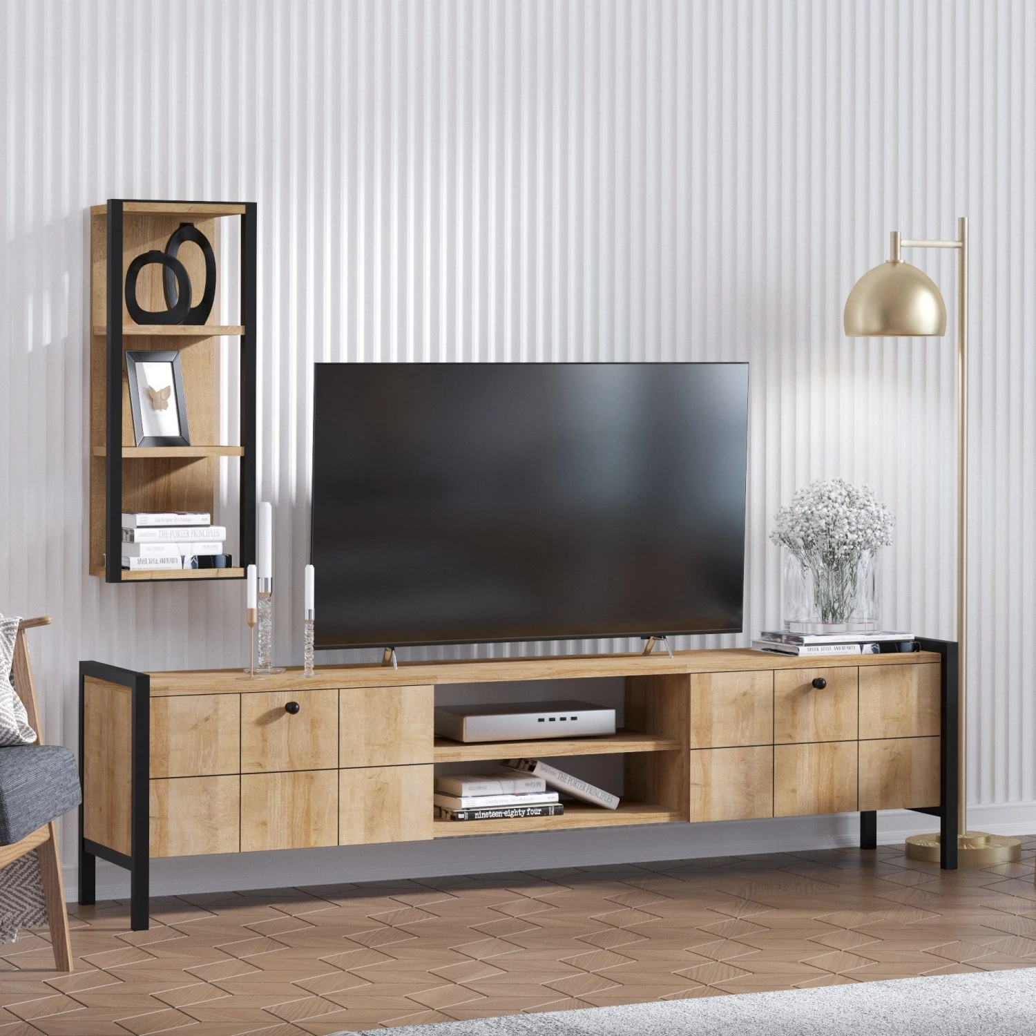 Modern TV-meubel | 100% Melamine Coating | Eiken Zwart | Aan De Muur Te Bevestigen 3 Modern TV-meubel | 100% Melamine Coating | Eiken Zwart | Aan De Muur Te Bevestigen - Afbeelding 3