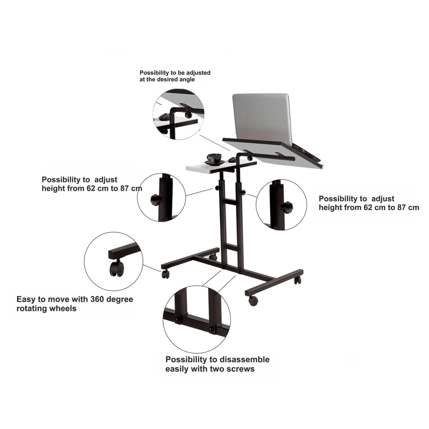 Laptoptafel Sapphire | 45,5 X 67 X 87 Cm | Metalen Frame | Kleur: Wit-Zwart 2 Laptoptafel Sapphire | 45,5 X 67 X 87 Cm | Metalen Frame | Kleur: Wit-Zwart - Afbeelding 2