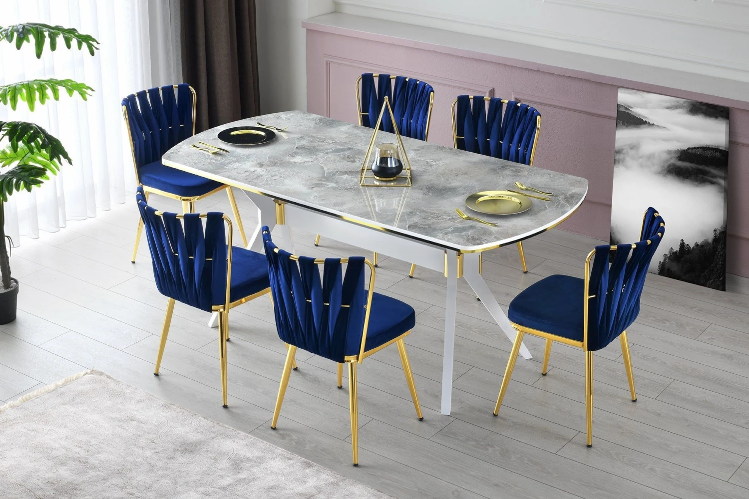 Stijlvolle En Comfortabele Stoelenset - 4 Stuks | Goud Marineblauw | 100% Metalen Frame | Zitting Van Fluweelstof | 175 Kg Draagvermogen 2 Stijlvolle En Comfortabele Stoelenset - 4 Stuks | Goud Marineblauw | 100% Metalen Frame | Zitting Van Fluweelstof | 175 Kg Draagvermogen - Afbeelding 2