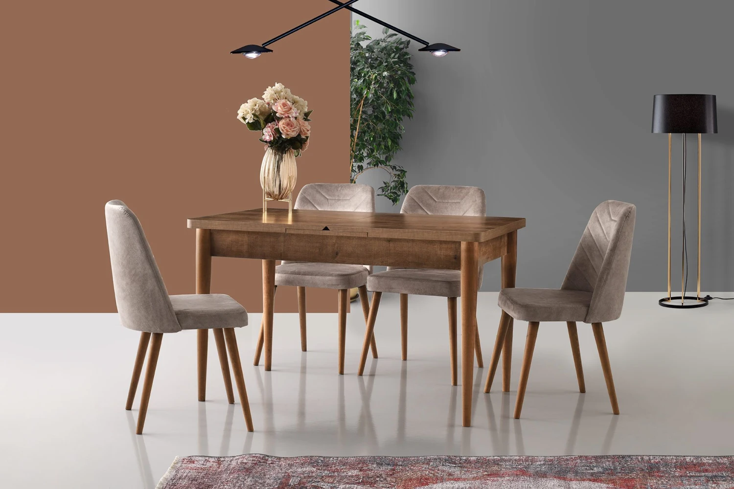Vella Stoel Set | 100% Metalen Frame | Fluwelen Zitting | Houten Poten | Walnoot Beige 2 Vella Stoel Set | 100% Metalen Frame | Fluwelen Zitting | Houten Poten | Walnoot Beige - Afbeelding 2
