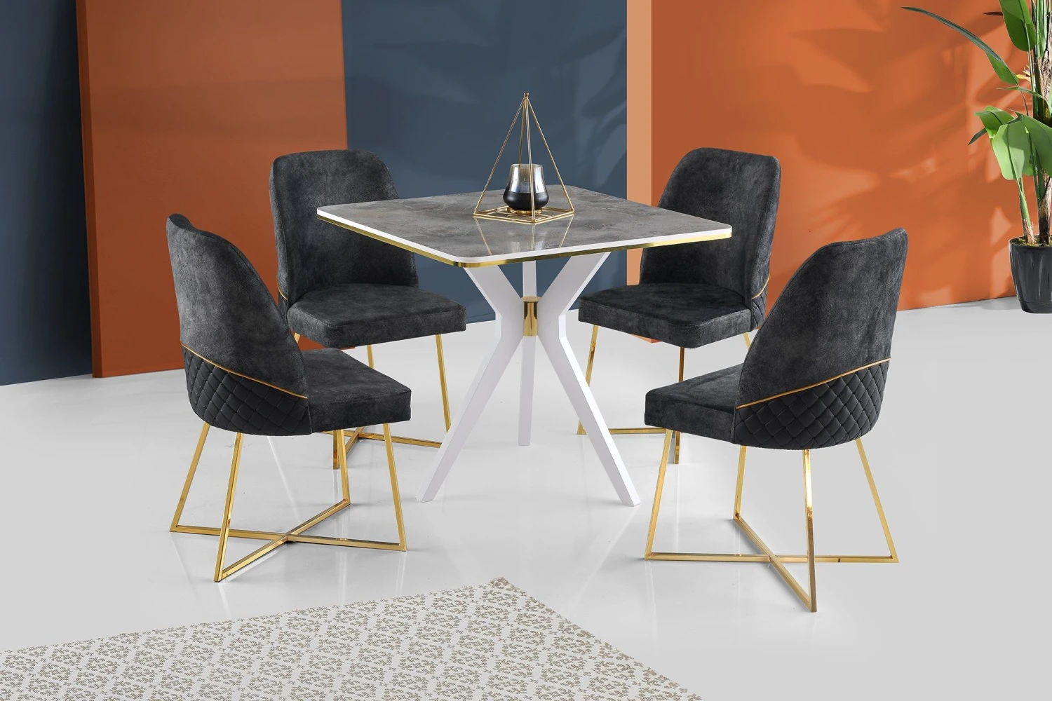 Vella Eettafel | 100% MDF | Plastic Poten | Grijs Wit Goud 1 Vella Eettafel | 100% MDF | Plastic Poten | Grijs Wit Goud