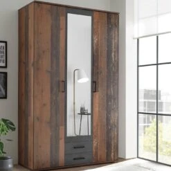 Kledingkast Ellis 120cm Met 3 Deuren 2 Lades & Spiegel - Old Style/beton