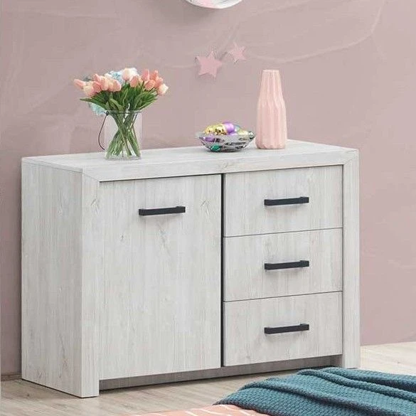 Commode Elvira 120cm Met 1 Deur & 3 Lades - Witte Eik 1 Commode Elvira 120cm Met 1 Deur & 3 Lades - Witte Eik