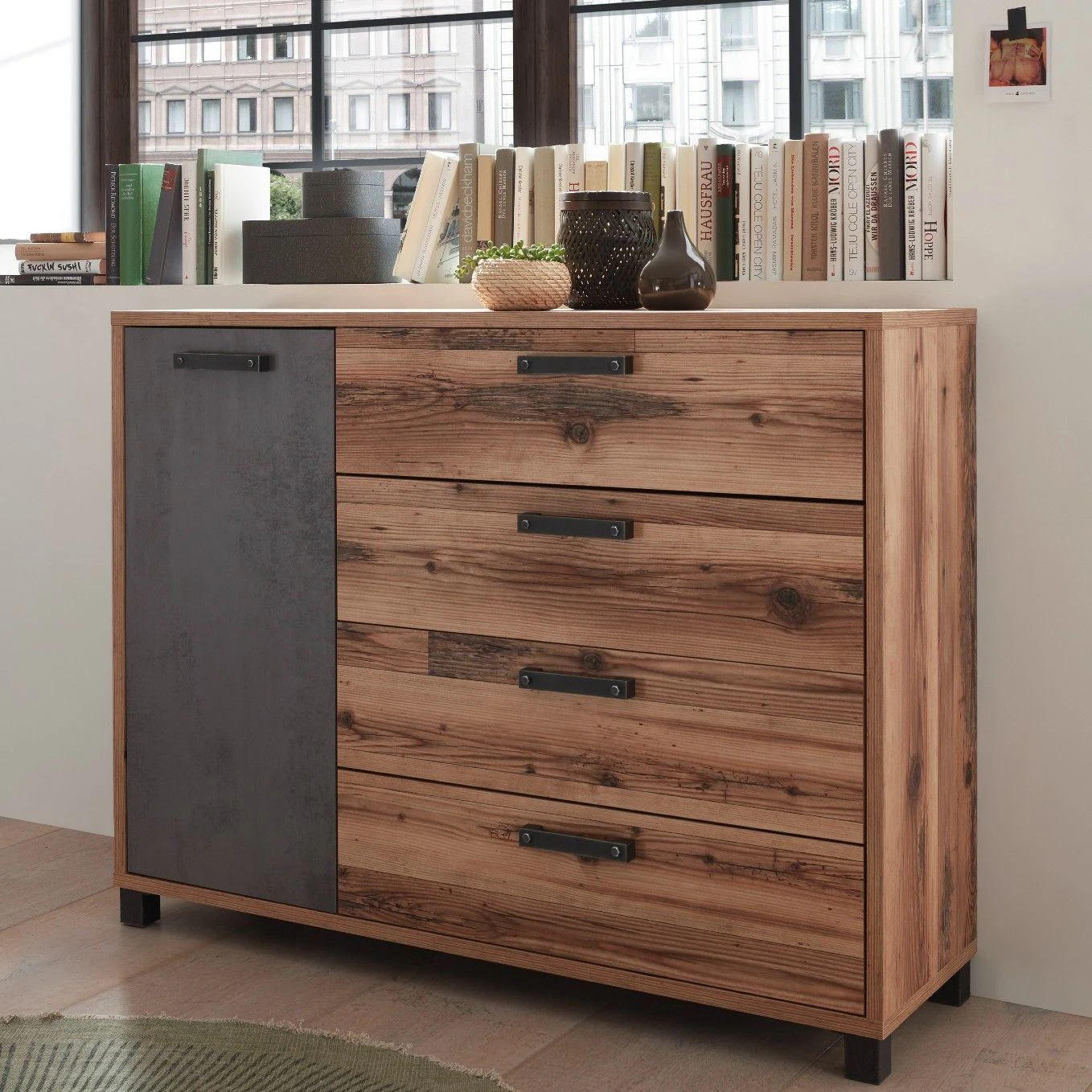 Commode Kalas 125cm Met 1 Deur & 4 Lades - Bruin/grijs 1 Commode Kalas 125cm Met 1 Deur & 4 Lades - Bruin/grijs