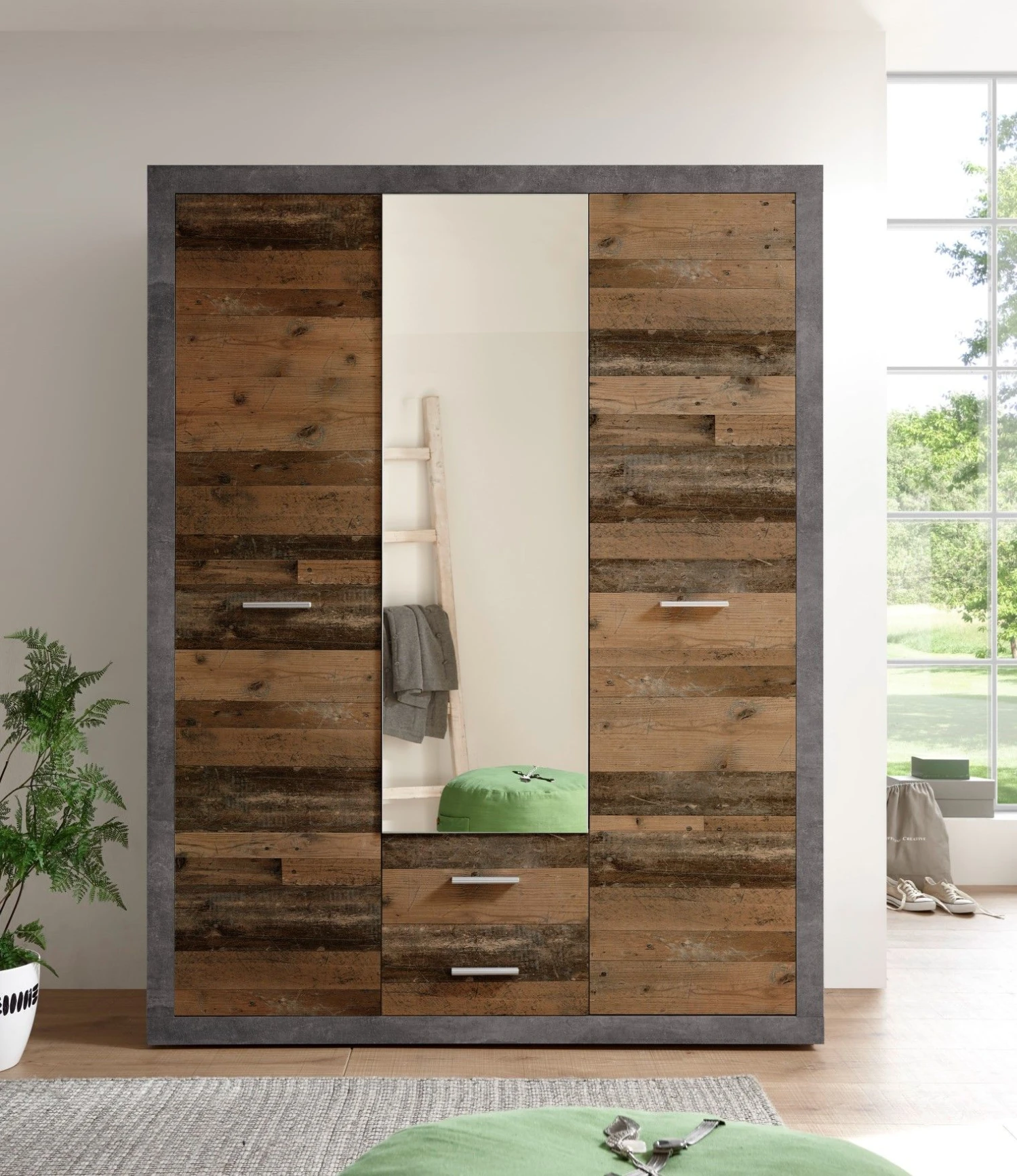 Kledingkast Storck 151cm 3 Deuren & 2 Lades & Spiegel - Old Style/beton 9 Kledingkast Storck 151cm 3 Deuren & 2 Lades & Spiegel - Old Style/beton - Afbeelding 9