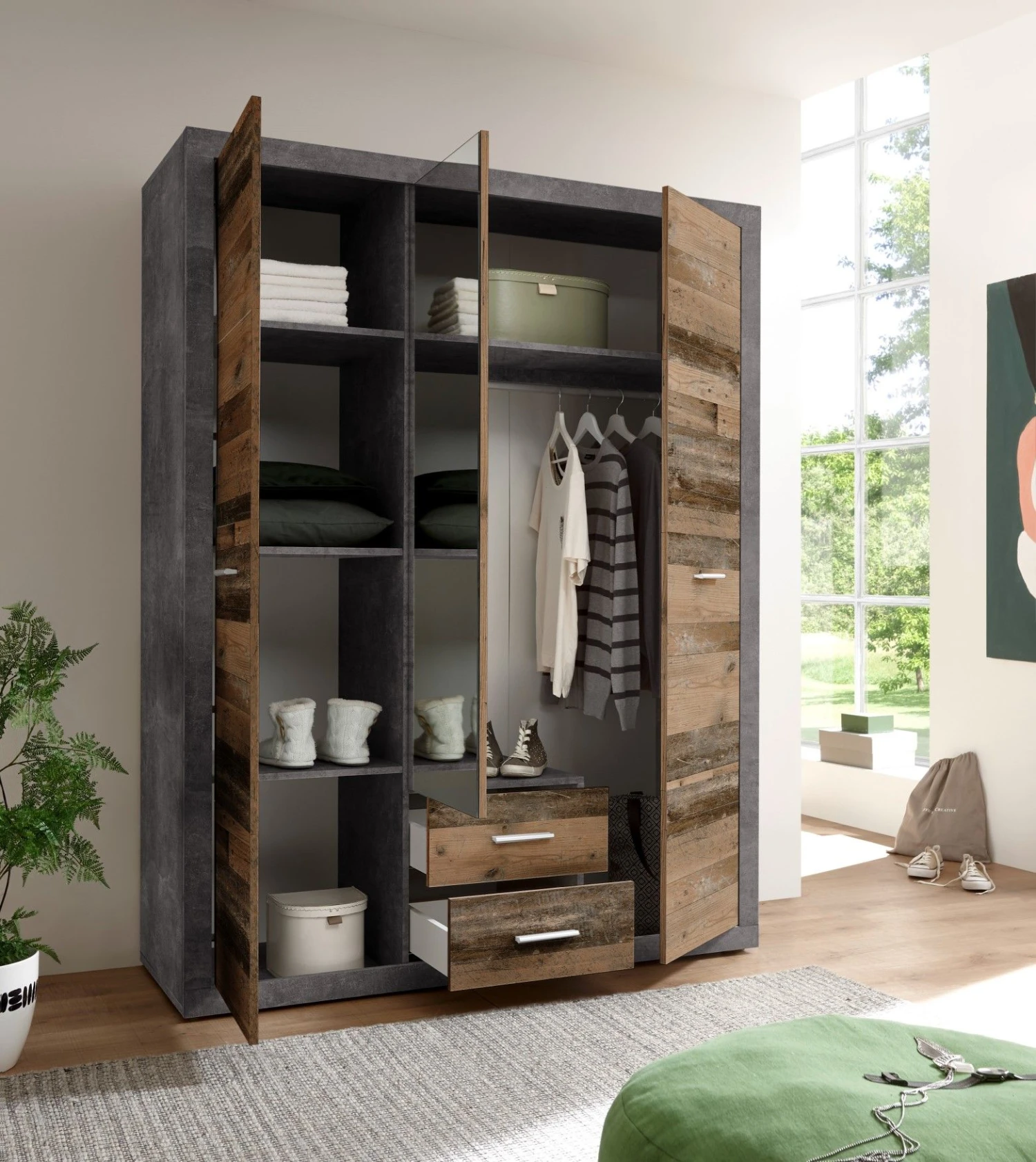 Kledingkast Storck 151cm 3 Deuren & 2 Lades & Spiegel - Old Style/beton 8 Kledingkast Storck 151cm 3 Deuren & 2 Lades & Spiegel - Old Style/beton - Afbeelding 8