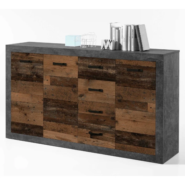 Commode Taro 3 Deuren En 4 Lades - Beton/oud Hout 1 Commode Taro 3 Deuren En 4 Lades - Beton/oud Hout