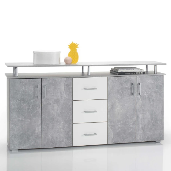 Dressoir Stelvio Met 4 Deuren & 3 Lades - Betonlook/wit 1 Dressoir Stelvio Met 4 Deuren & 3 Lades - Betonlook/wit