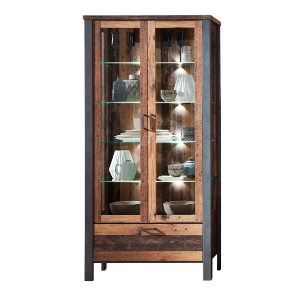 Vitrinekast Carthago 94cm 2 Deuren & 1 Lade - Oud Hout/antraciet 1 Vitrinekast Carthago 94cm 2 Deuren & 1 Lade - Oud Hout/antraciet