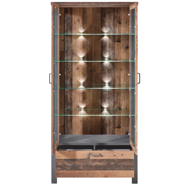 Vitrinekast Carthago 94cm 2 Deuren & 1 Lade - Oud Hout/antraciet 3 Vitrinekast Carthago 94cm 2 Deuren & 1 Lade - Oud Hout/antraciet - Afbeelding 3