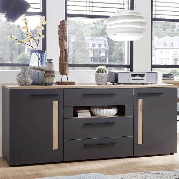 Dressoir Lorna 2 Deuren & 3 Lades - Antraciet/eik 1 Dressoir Lorna 2 Deuren & 3 Lades - Antraciet/eik