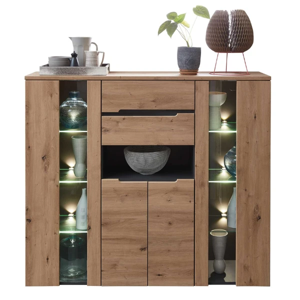 Buffetkast Medina 4 Deuren & 2 Lades; Met Led-verlichting - Eik/antraciet 3 Buffetkast Medina 4 Deuren & 2 Lades; Met Led-verlichting - Eik/antraciet - Afbeelding 3