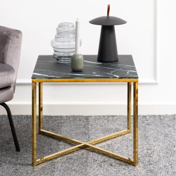 Bijzettafel Alisma 50x50 Cm - Goud/Marquina-marmer 1 Bijzettafel Alisma 50x50 Cm - Goud/Marquina-marmer