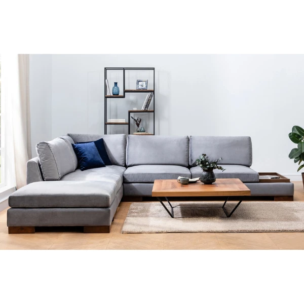 Comfortabele En Stijlvolle Hoekbank Met Notenhouten Poten Donkergrijs 1 Comfortabele En Stijlvolle Hoekbank Met Notenhouten Poten Donkergrijs