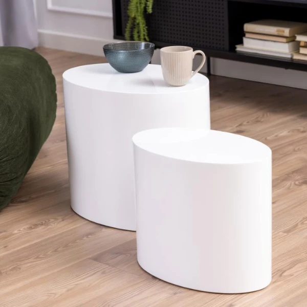 Moderne Ovale Salontafelset, Hoogglans Wit, 2 Stuks - 33x48x40 Cm 2 Moderne Ovale Salontafelset, Hoogglans Wit, 2 Stuks - 33x48x40 Cm - Afbeelding 2