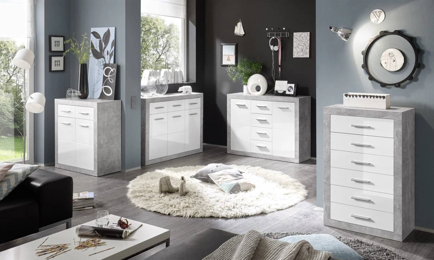 Commode Inga 82 Cm Met 2 Deuren & 2 Lades - Beton/wit 4 Commode Inga 82 Cm Met 2 Deuren & 2 Lades - Beton/wit - Afbeelding 4