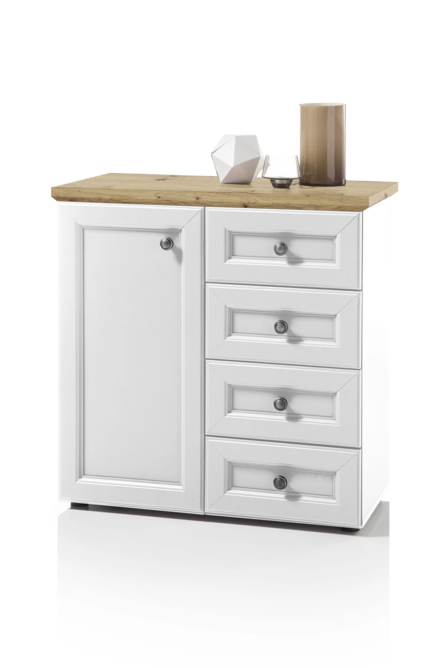 Bijzetkastje Norah 82cm Met Deur & 4 Lades - Wit/bruin 2 Bijzetkastje Norah 82cm Met Deur & 4 Lades - Wit/bruin - Afbeelding 2