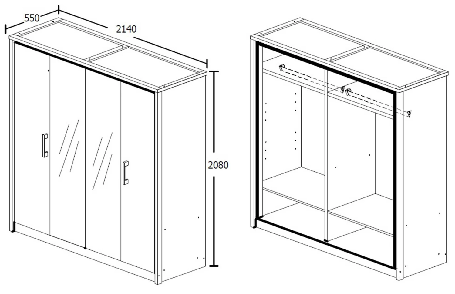 Kledingkast Sela 214cm Met 4 Deuren & Spiegels - Grijze Eik 4 Kledingkast Sela 214cm Met 4 Deuren & Spiegels - Grijze Eik - Afbeelding 4